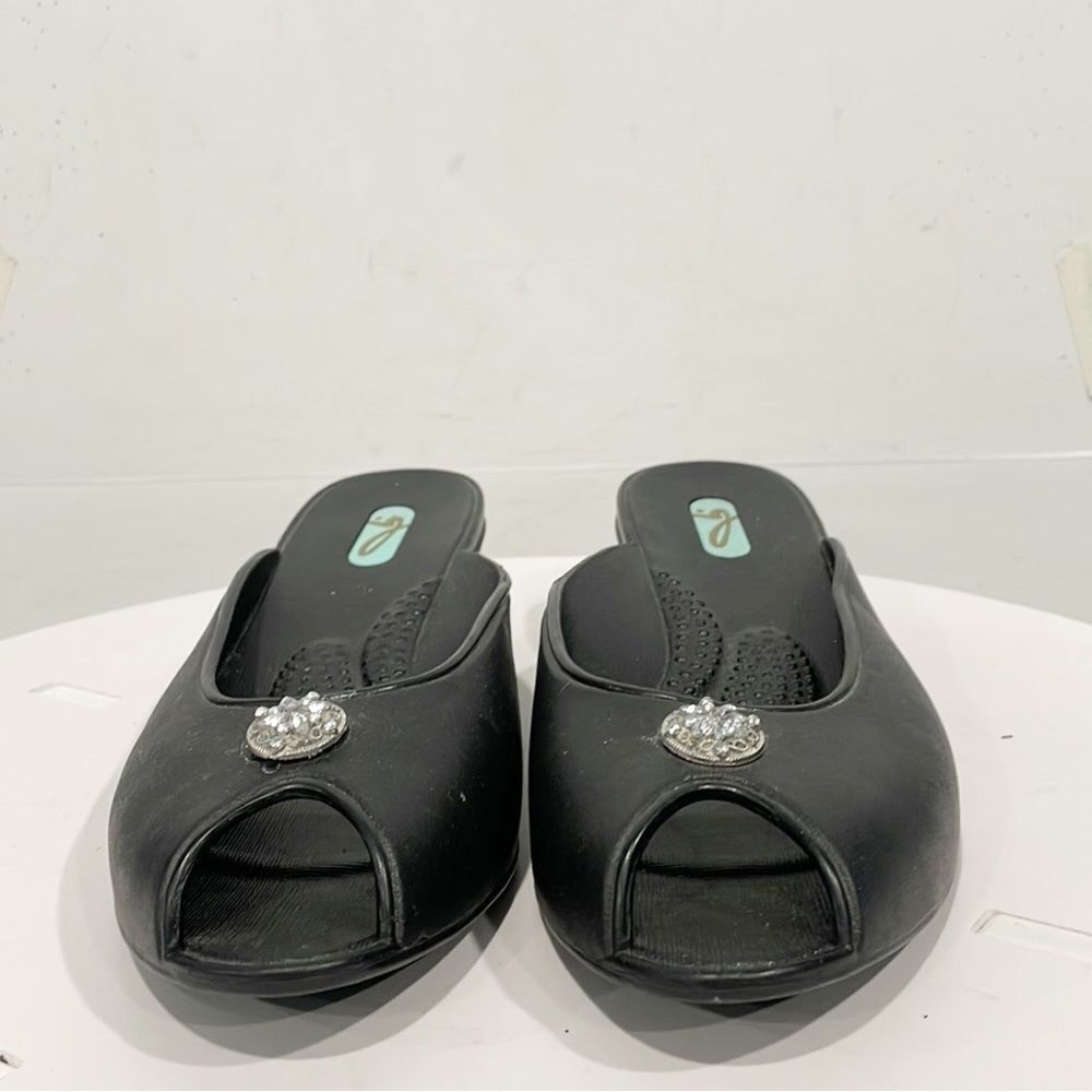 OKA b. Black Peep-Toe Wedges with Jewel Accent - Picture 2 of 10